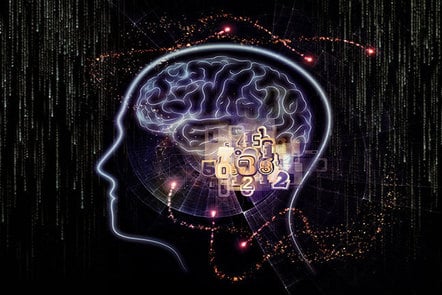 Digital artwork of a brain inside the outline of a head, with numbers made of light floating around inside.