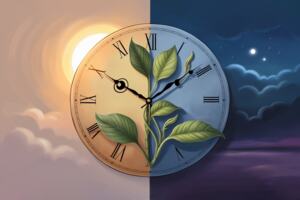 Fantasy illustration, a clock that is on the side of a wall, small clocks as leaves, twist of time, in the flow of time, a leaf on the middle with day on left side, night on right side. 