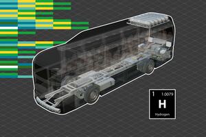 A 3d modelled semi-transparent bus shape on a grey background with grid and coloured rectangles in background