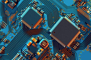 A blueish computer circuit board with different electronic components on it.