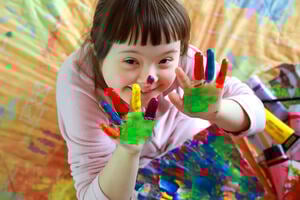 cute little girl with Down syndrome showing her painted hands.