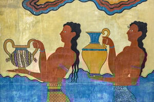 Fragment of the Procession Fresco at Knossos Palace in Heraklion, Crete, Greece 
