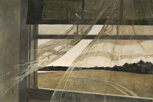 A painting of an open window looking out onto an empty field 